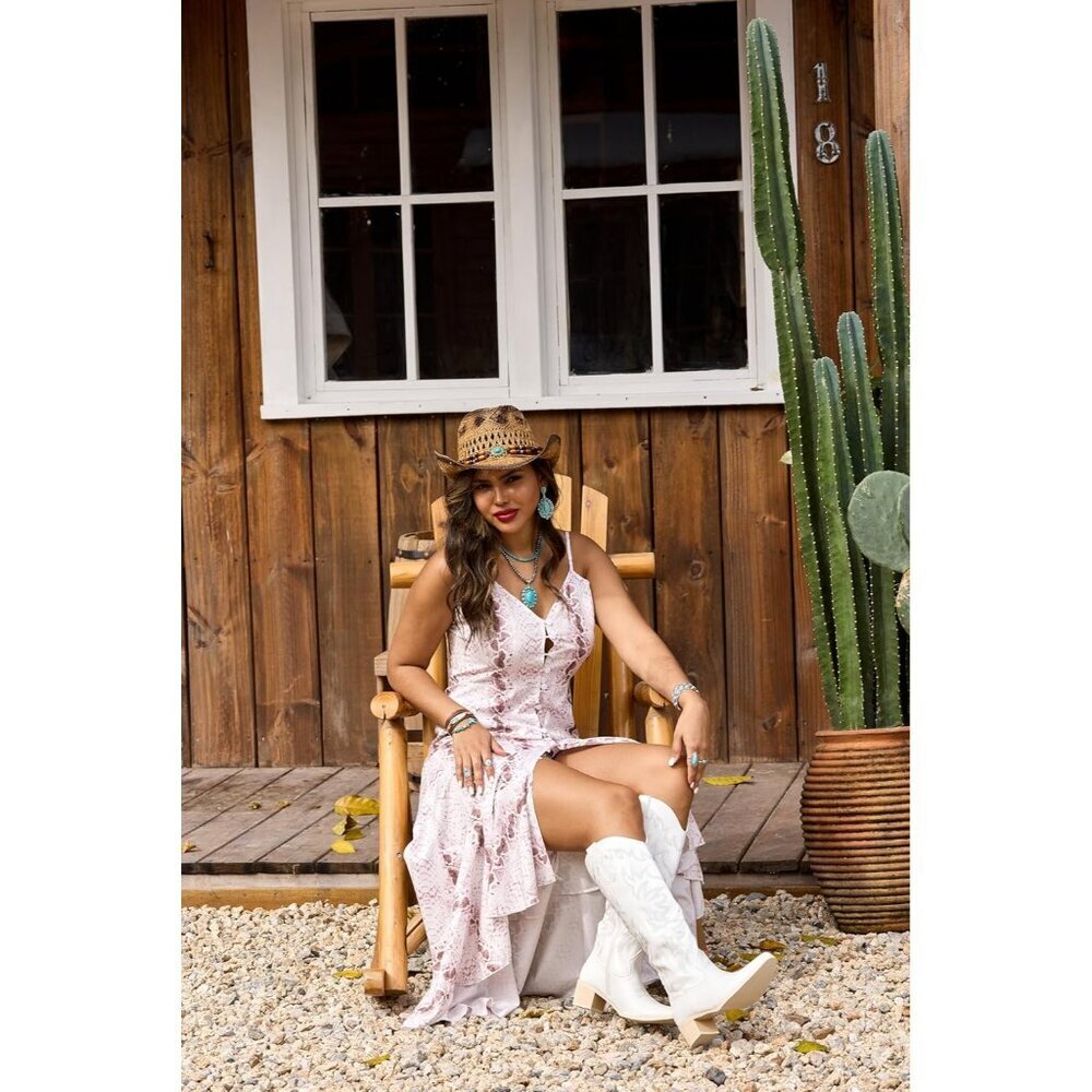 Women's White Knee High Western Cowgirl Boots Snip Toe Side Zipper Chunky Heel - Picture 5 of 6